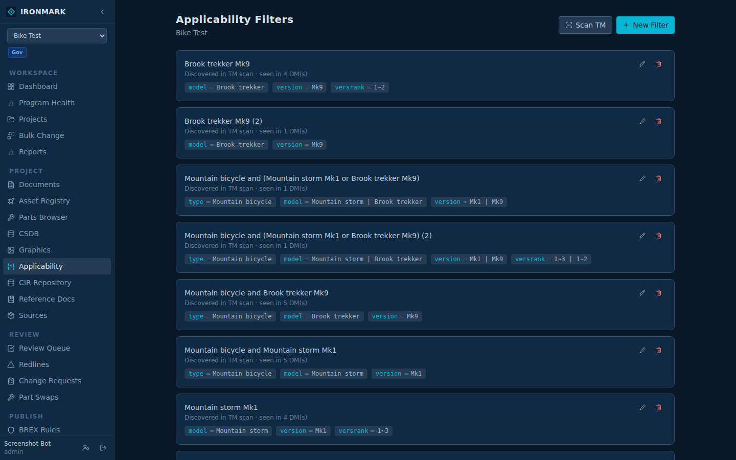 Applicability filters defined on a project — vocabulary declared in the CCT, conditions composed through the wizard, per-asset preview available.