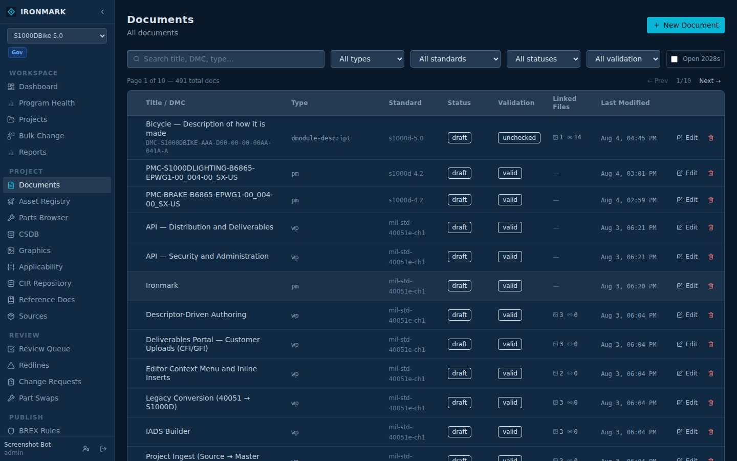 Documents list — every DM in the project with title, DMC, doc type, workflow state, and last-modified column.