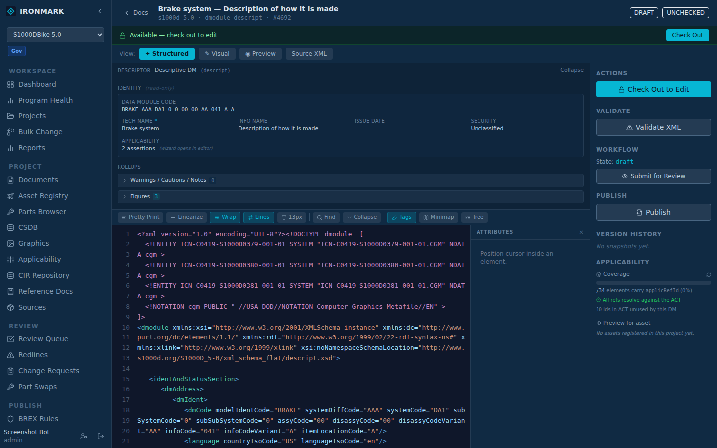Ironmark's structured editor rendering an S1000D 5.0 descript module: schema-aware widgets on the left, XML tree on the right, validation status inline.