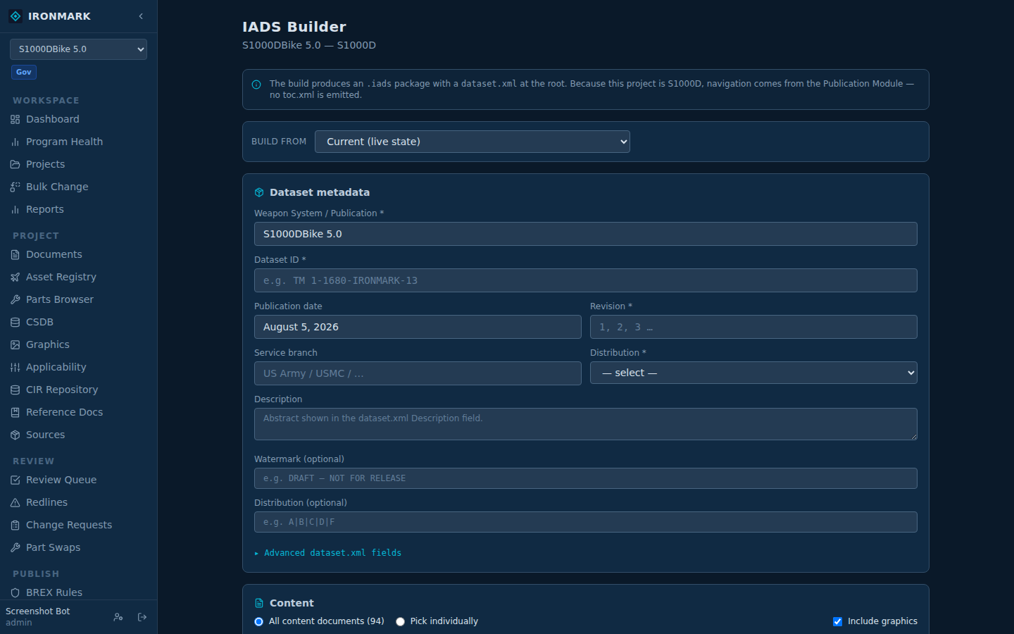 IADS Builder assembling a delivery package — TOC, per-DM dataset attributes, cover metadata all editable in place.