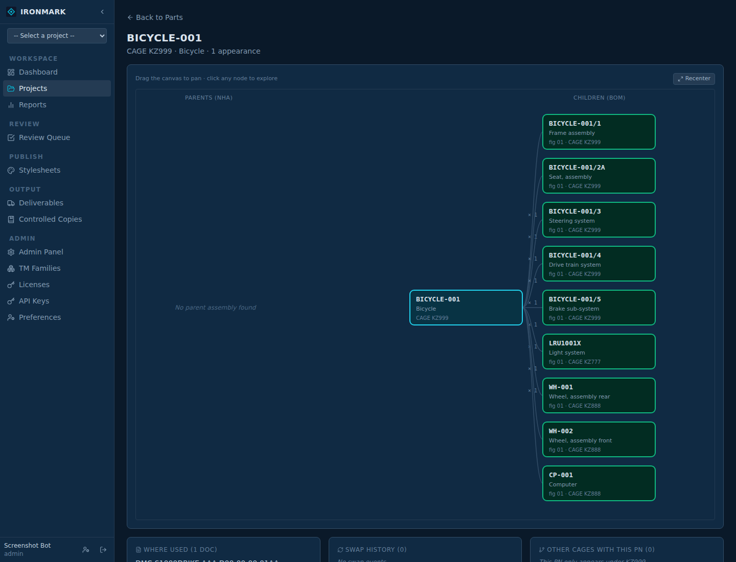 Part relationship graph — a PN's callouts, figures, and asset assignments visualized as a force-directed graph. Click a node to open.