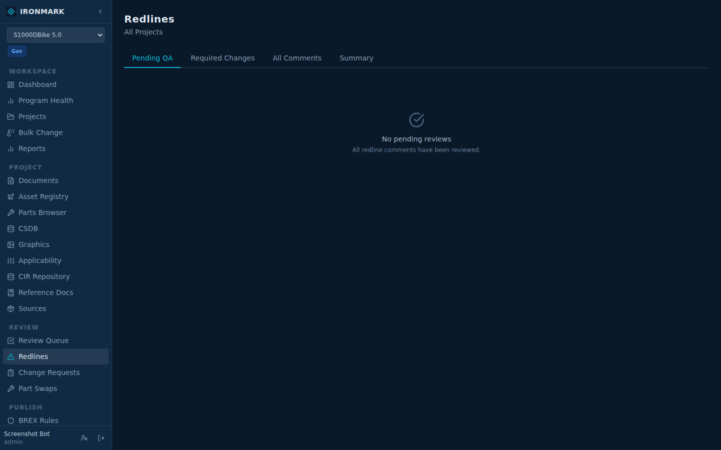 Redlines triage — portal-filed line-level markups landing in a queue for reviewer triage, with source-DM and portal-user provenance.