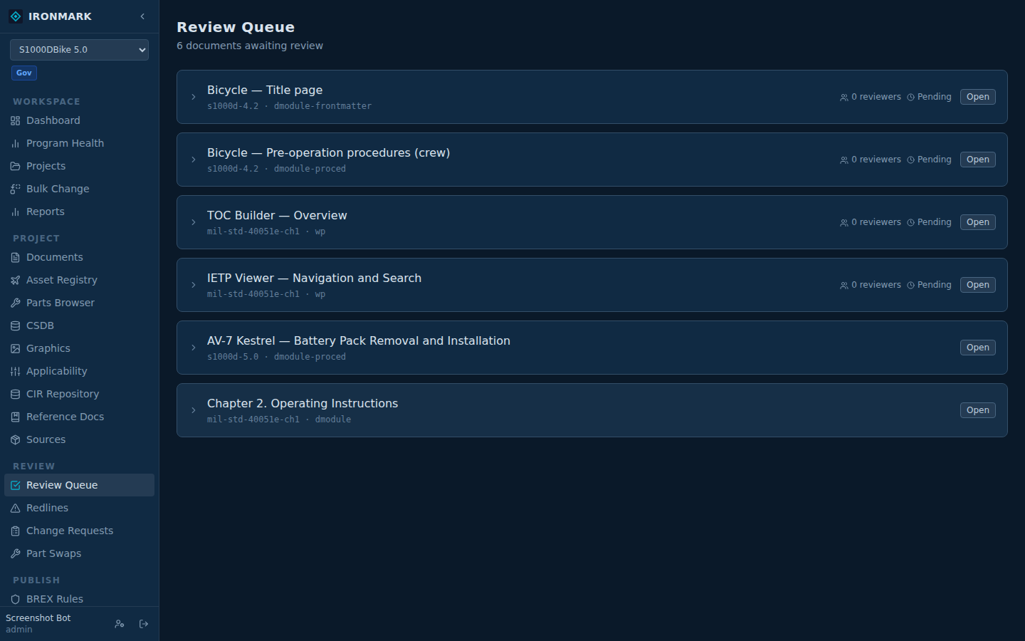 The cross-project review queue — filter by reviewer, assignee, or workflow state. Days-open surfaces so QA leads can triage.