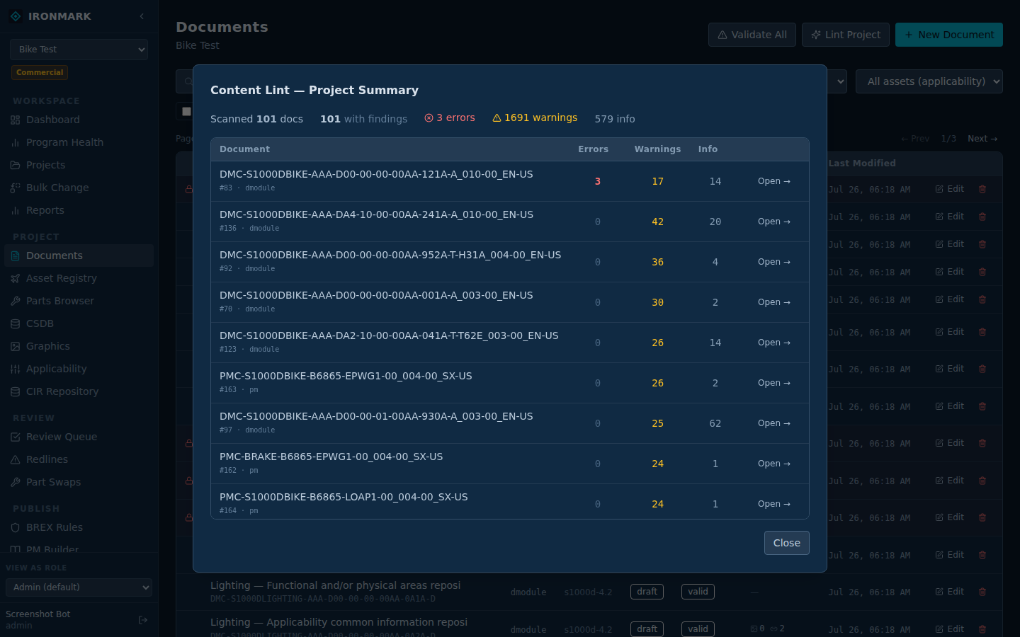 Ironmark content linter — per-project findings